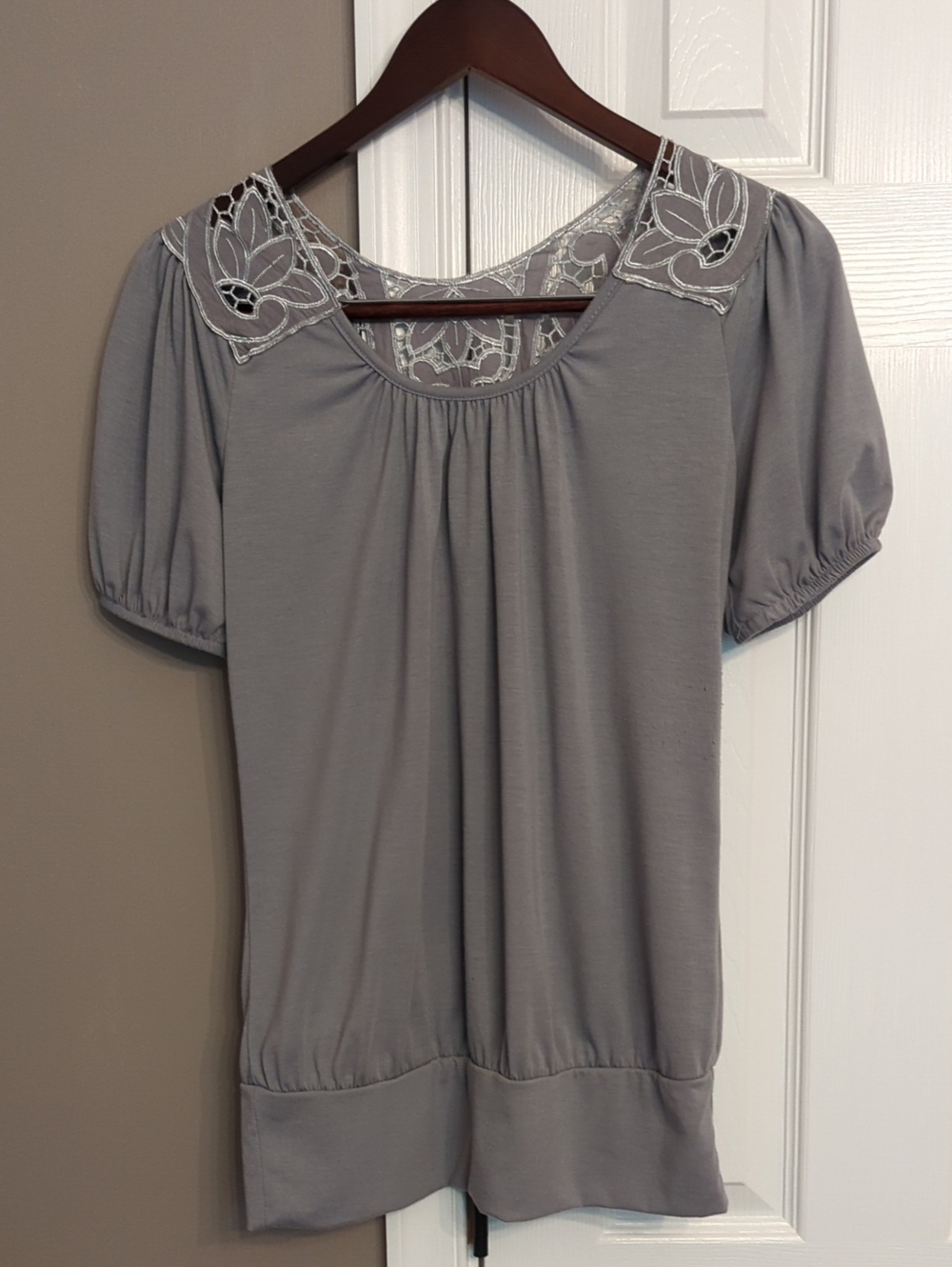 Grey Crochet Lace Accent Puff Sleeve Blouse Top Coquette Softgirl